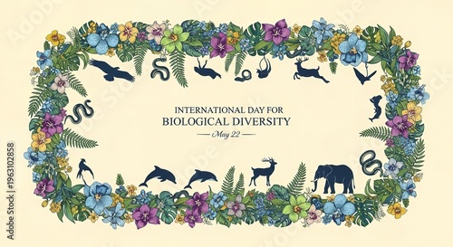 A colorful illustration celebrating International Day for Biological Diversity with a floral wreath and various animal silhouettes