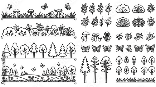 Vector illustration of nature landscape elements and forest motifs.