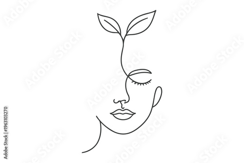 Foto A graceful line drawing of a face sprouting leaves from the forehead symbolizing