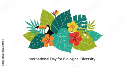 A vibrant illustration celebrating International Day for Biological Diversity with a colorful toucan and tropical flowers