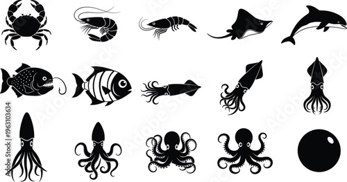 Sea creature silhouette vector set featuring crab shrimp dolphin stingray squid and octopus icons for marine life and aquatic design