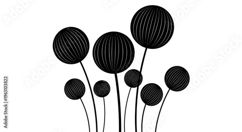 Stylized black and white abstract floral design with multiple round elements on thin stems.