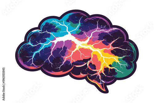 A vibrant, colorful brain bursting with neural connections and vivid hues representing cognitive activity and thought processes Vector