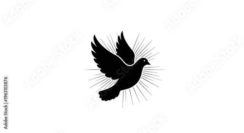 Graceful silhouette of a dove in flight with radiating light.