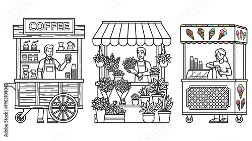 Vector set of street food carts with coffee, flowers and ice cream.