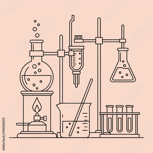 Laboratory equipment with beaker flask and test tubes on peach background
