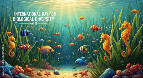 Vibrant ocean scene with diverse marine life celebrating International Day for Biological Diversity