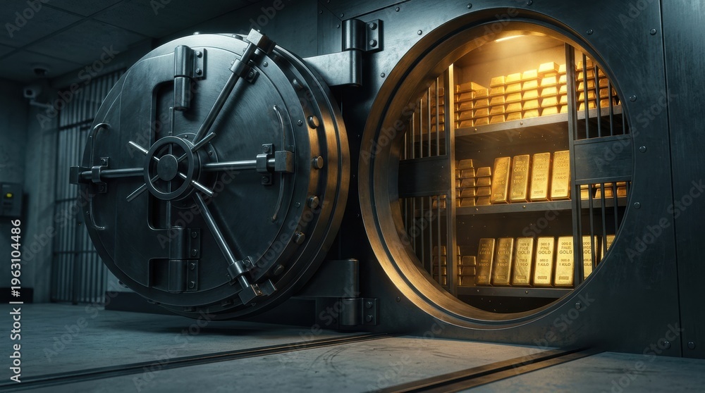 Fototapeta premium Massive bank vault door partially open, revealing shelves stacked with numerous shining gold bars inside a secure facility.
