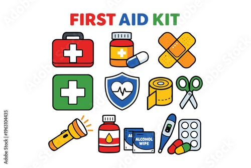 Illustrated first aid kit with essential tools for quick medical assistance and emergency preparedness Vector