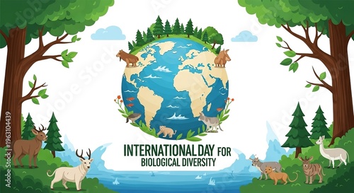 A vibrant illustration of the Earth surrounded by diverse wildlife and lush greenery, celebrating the International Day for Biological Diversity.