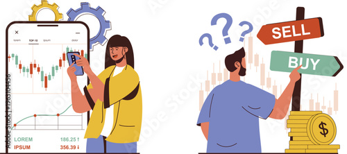Individuals analyzing stock market trends and deciding whether to buy or sell investments on mobile devices