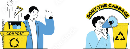 Two characters promoting composting and proper garbage sorting for environmental responsibility and recycling awareness
