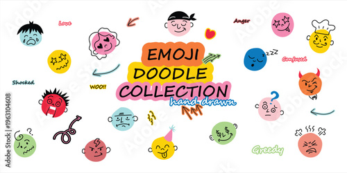 Hand Drawn Emoji Doodle Collection Vector, Cute Cartoon Faces Set, Emotional Expressions Icons, Colorful Sketch Stickers Pack