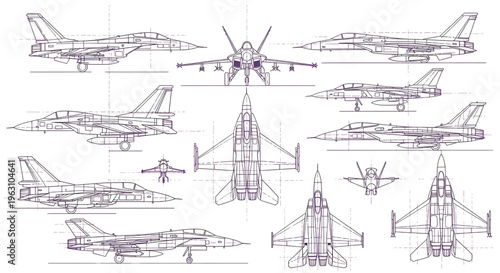 Futuristic Jet Aircraft AutoCAD Blueprint Vector – Multiview Aerial Vehicle Technical Drawing Purple White Outline