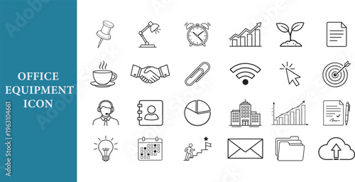 This comprehensive collection features a wide array of essential business and office communication symbols designed with clean lines to represent various workplace activities including scheduling meet