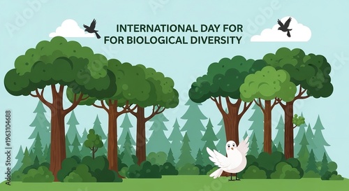 An illustration celebrating the International Day for Biological Diversity with a serene forest landscape and a white dove.