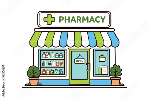 A charming pharmacy storefront with shelves of medicines, plants, and an inviting open sign Vector