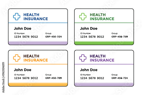 Four health insurance cards featuring different colors and group identification numbers for john doe Vector