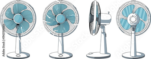 Electric desk fan vector set featuring various angles of modern blue table fans for summer cooling and home appliance design
