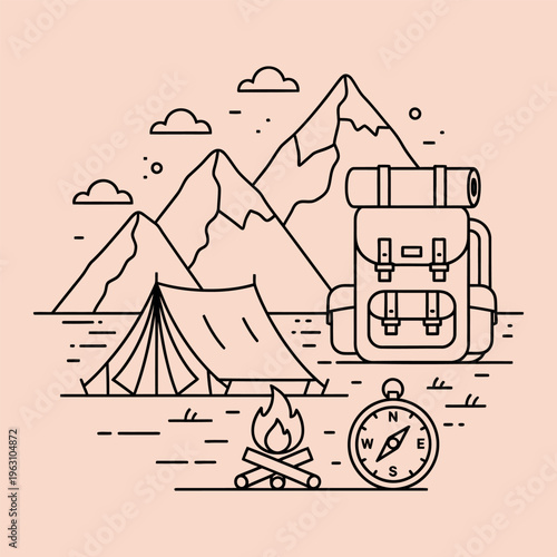 Minimal line camping scene with tent backpack campfire compass mountains line minimal