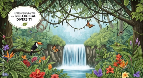 A vibrant illustration of a tropical rainforest with a waterfall, colorful flowers, and exotic wildlife, highlighting the importance of international day for biological diversity.