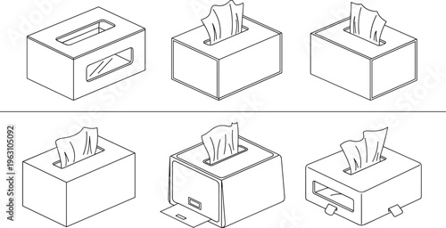 Minimalist isometric line art vector set featuring various facial tissue box designs and napkin dispensers for household or medical use