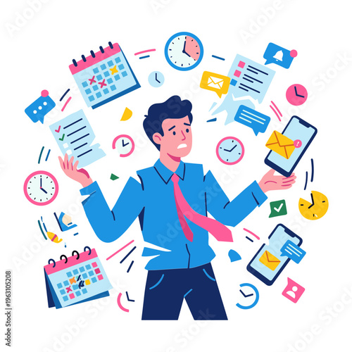 A man overwhelmed by floating schedules, clocks, and devices in office.