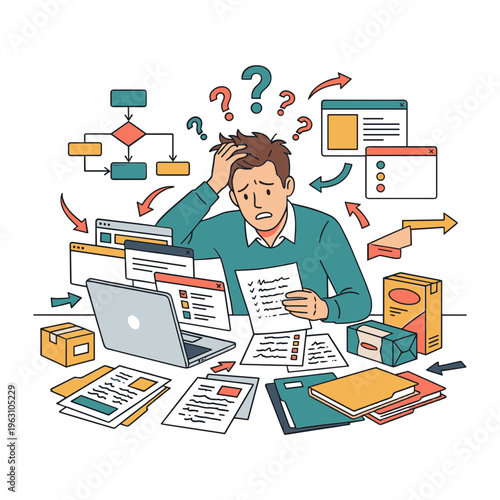 A stressed man sits at a cluttered desk surrounded by papers and computer screens with confused thoughts.