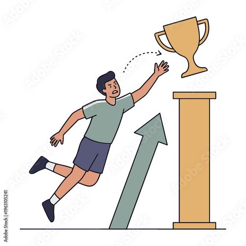 Man jumping to grab trophy on pedestal with upward arrow