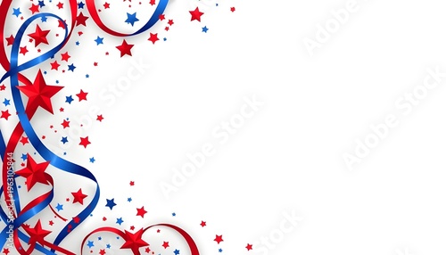 Patriotic border design featuring vibrant red and blue ribbons swirling beautifully alongside scattered stars for american holiday celebration graphics