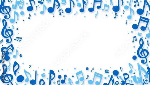 Vibrant blue musical note border frame design featuring treble clefs and various symbols creating a dynamic border effect ideal for celebration announcements or artistic themes