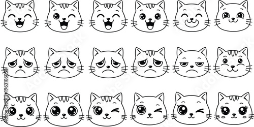 Cute cat face emoji vector set featuring various feline expressions including happy sad winking and crying for social media stickers and chat icons