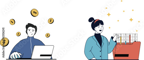Two individuals engaged in financial planning and digital transactions with modern tools and money symbols floating around them