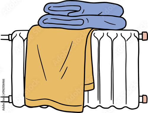 Hand drawn towels stacked on a white radiator, one blue and one mustard yellow, isolated on a transparent background for a cozy home environment illustration.