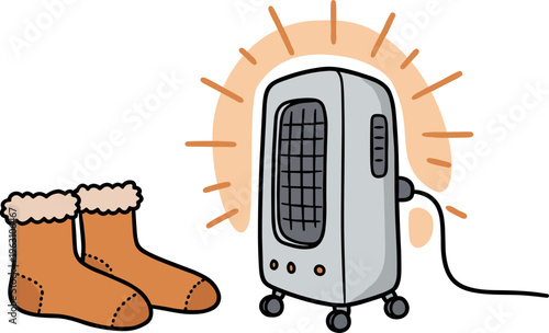 Stylish winter heater with cozy orange socks on a transparent background, providing warmth in a home setting, creating a comforting and inviting atmosphere.