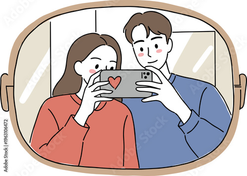 Young couple taking a selfie in a mirror, showing affection with a heart gesture, indoor setting with warm colors, isolated on a transparent background