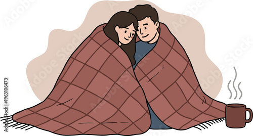 Couple sitting together under a cozy blanket while holding a warm drink on a winter evening with a hand-drawn style and soft background colors