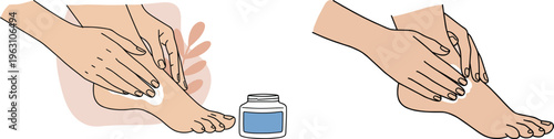 Hands applying cream to foot in a soothing manner, isolated on transparent background with soft colors and simple design to illustrate foot care and wellness.