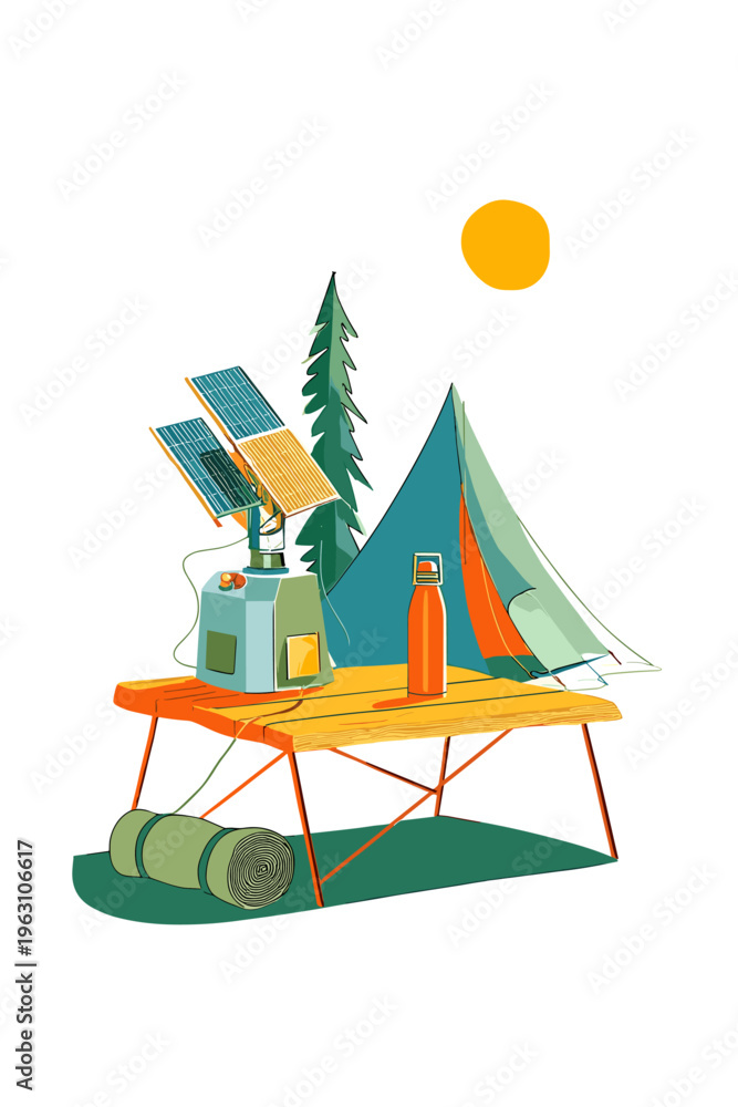 Fototapeta premium Solar-Powered Camping Fan on Campsite Table