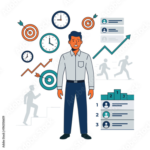 Businessman standing with clocks, targets and graphs around him in office