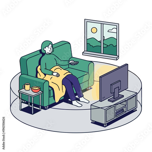 A person is relaxing on a couch watching TV at home during sunset.