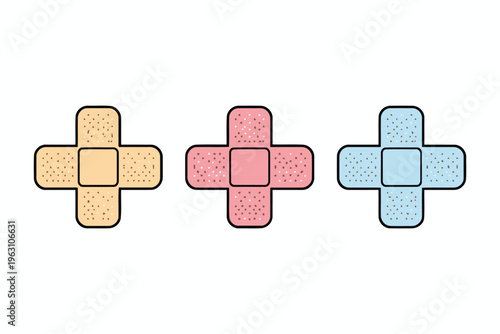 Three differently colored adhesive bandages shaped in a cross pattern with dotted textures on each section Vector
