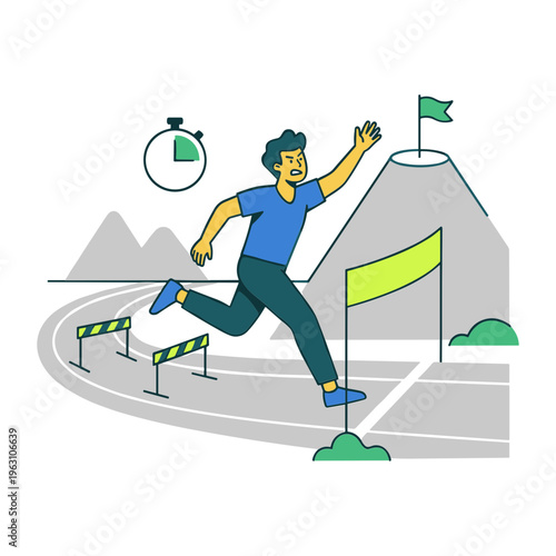 Man runs towards finish line with hurdles on track in stadium