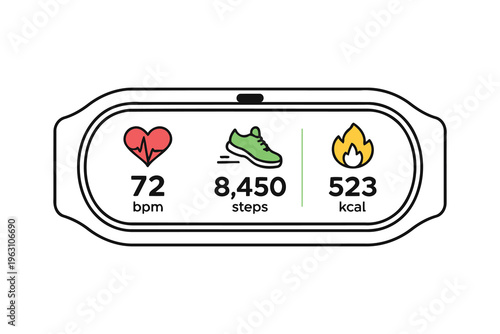 Health metrics dashboard showing heart rate, steps, and calories burned in a sleek design layout Vector