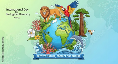 A colorful illustration of the Earth surrounded by animals and plants to promote biodiversity and environmental protection on International Day for Biological Diversity.