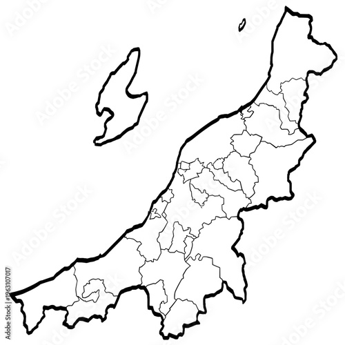 新潟県地図 筆タッチ 市町村区分 和風 中部地方 日本 / A brushstroke map of Niigata prefecture 2