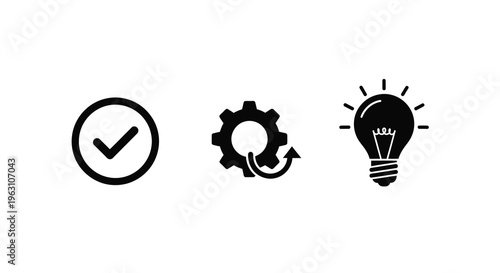 Checkmark gear and lightbulb icons presented as a black silhouette