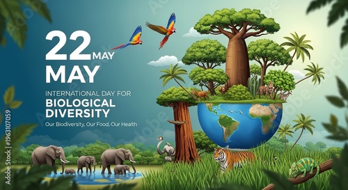 A vibrant illustration celebrating International Day for Biological Diversity with a globe surrounded by lush greenery and diverse wildlife