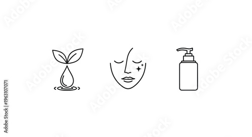 Minimalist icons of nature beauty and skincare in black silhouette