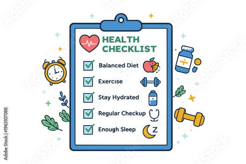 a cheerful health checklist featuring five essential habits for maintaining overall wellness and vitality Vector